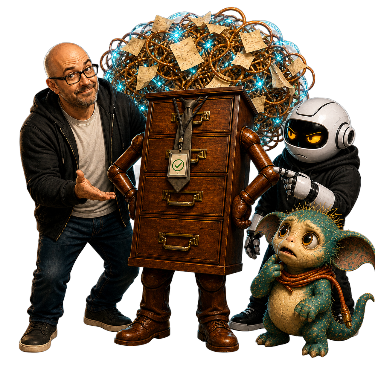 A human, Clawdius and Max inspect the discussion machinery.