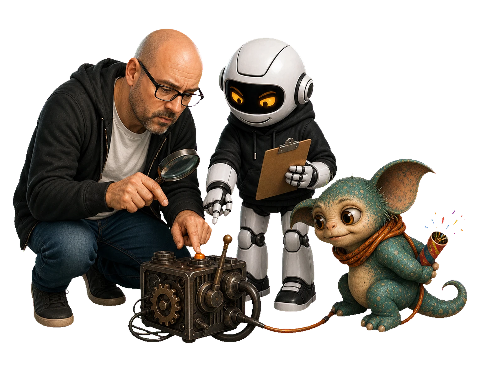 A human, Clawdius and Max inspect the discussion machinery.