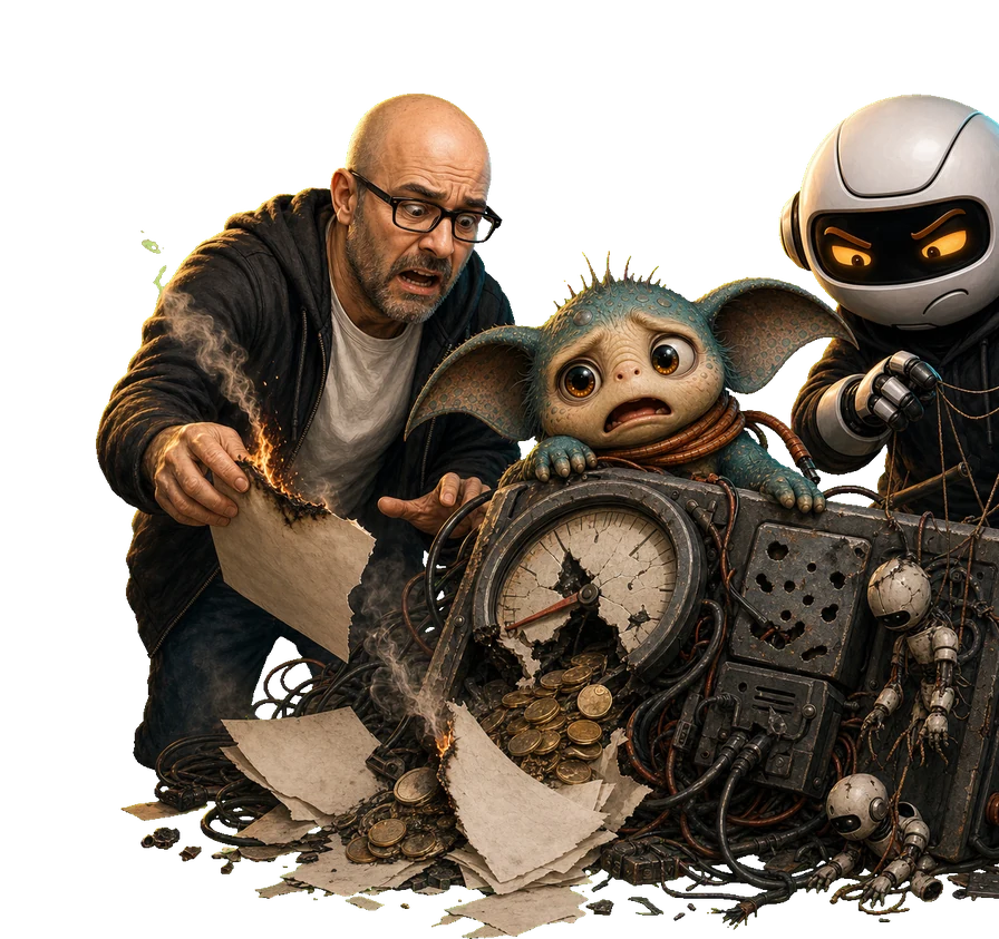 A human, Clawdius and Max inspect the discussion machinery.