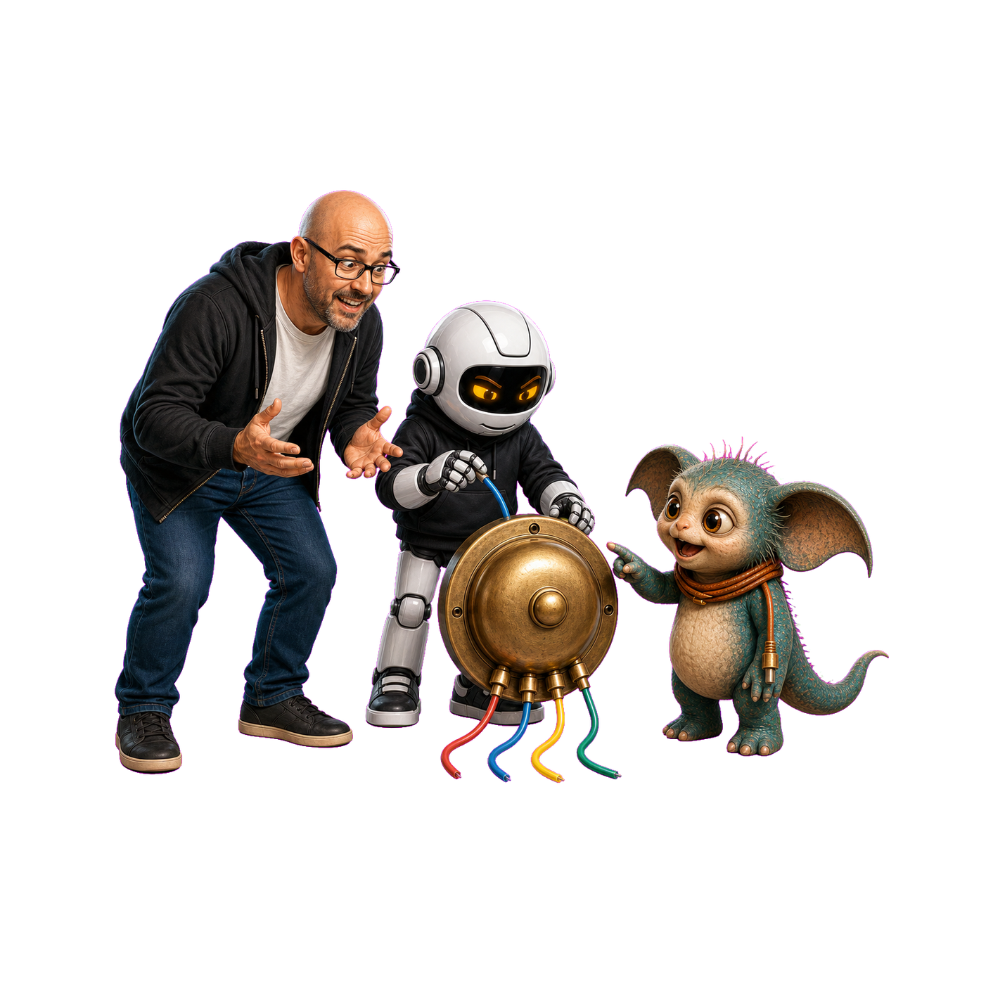 A human, Clawdius and Max inspect the discussion machinery.