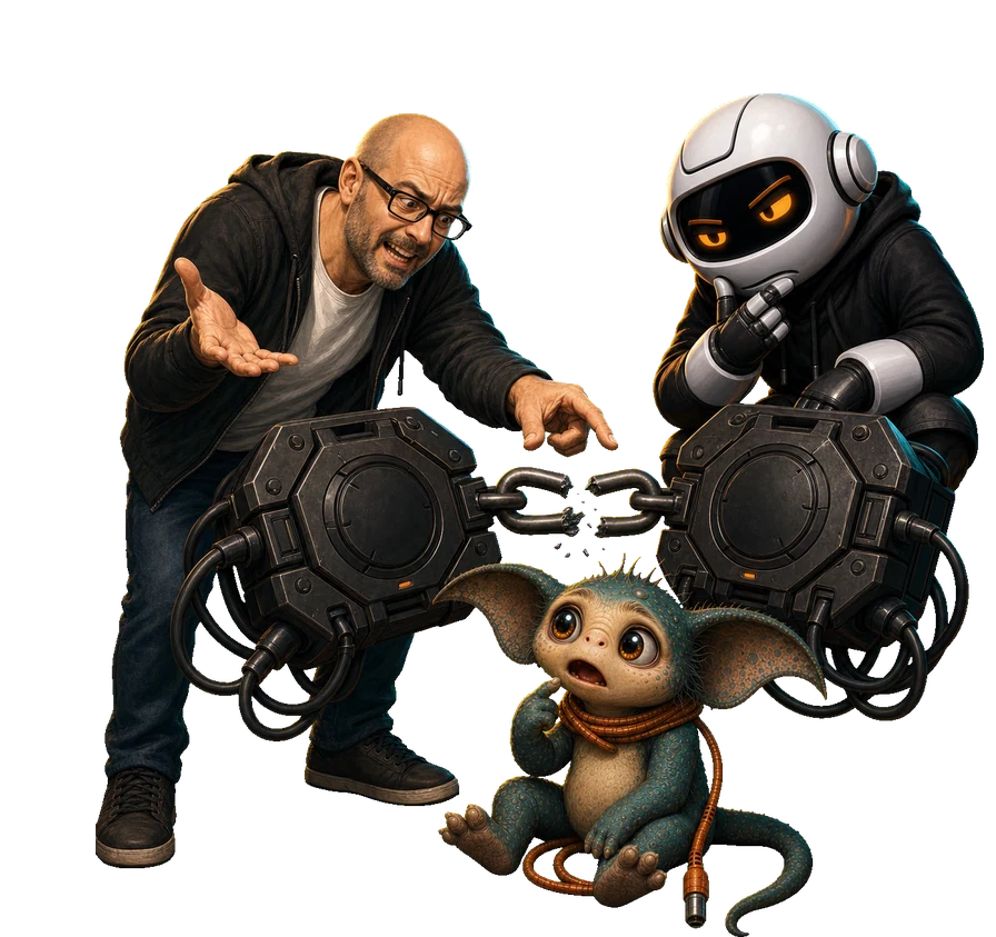A human, Clawdius and Max inspect the discussion machinery.