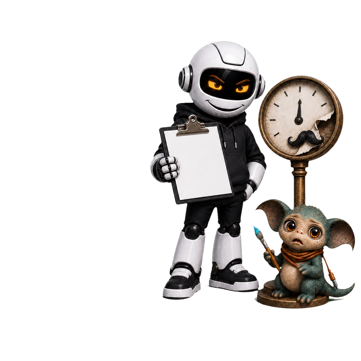 A human, Clawdius and Max inspect the discussion machinery.