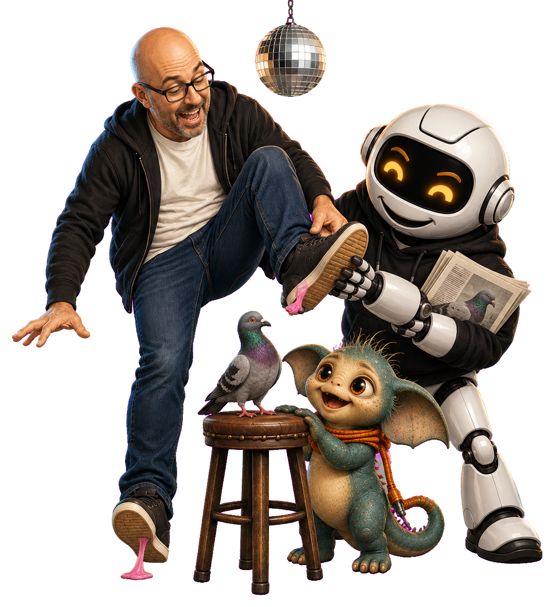 A human, Clawdius and Max inspect the discussion machinery.