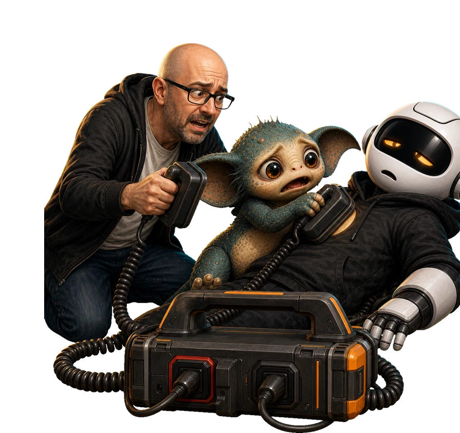 A human, Clawdius and Max inspect the discussion machinery.