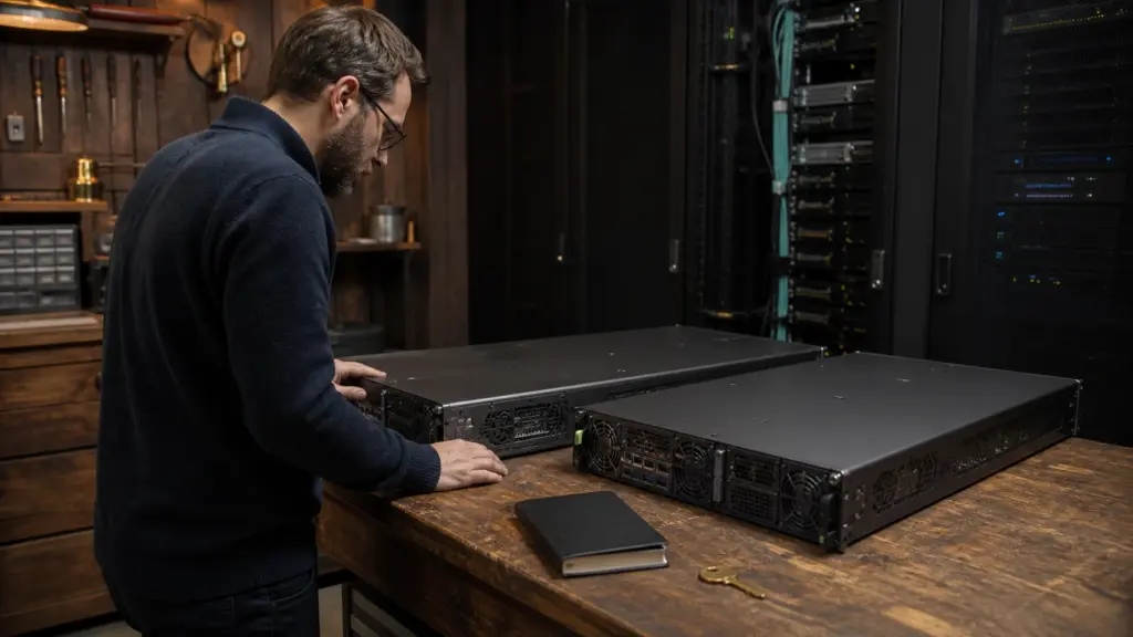 An engineer inspects two GPU servers beside a brass key in a secure workshop-like room.
