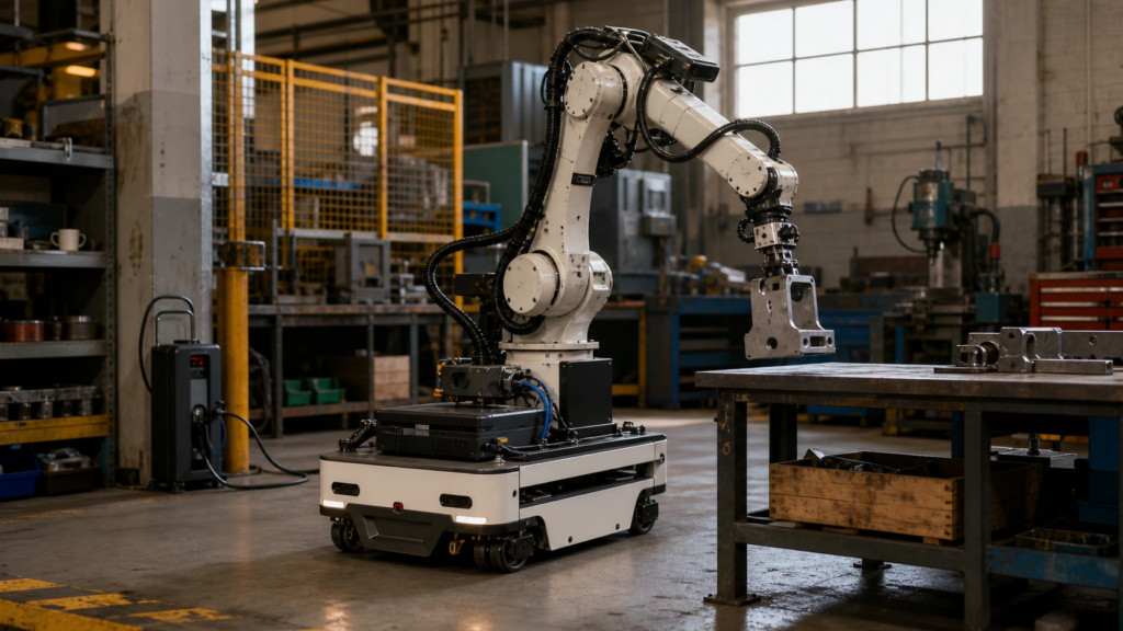 An industrial robot and autonomous trolley working in a warehouse, with sensing, computing and power components visible as one connected system.