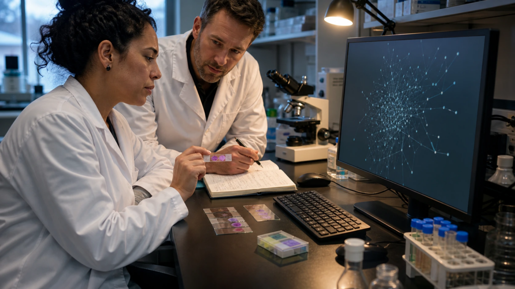 Two cancer researchers compare an AI-generated hypothesis with microscopy slides and laboratory notes.