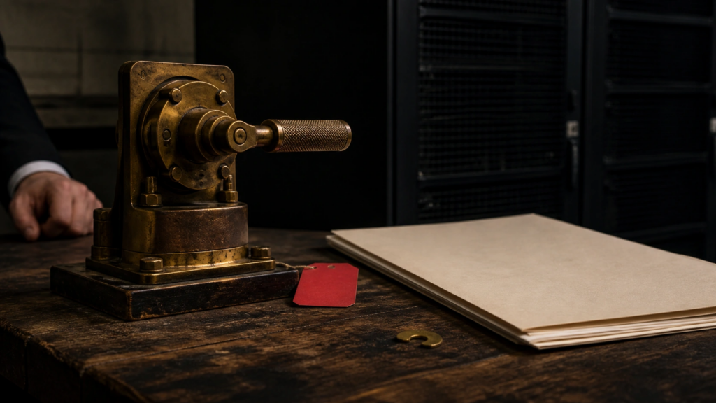 A brass safety switch sits beside a technical test folder and server cabinet.