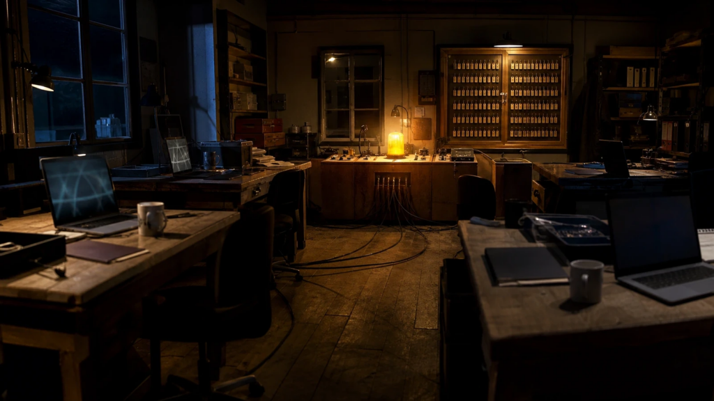 Several night-shift workstations connect to one central approval lamp beside a key cupboard.