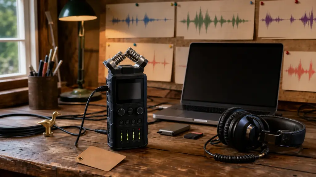 A field recorder and compact workstation sit beside multilingual waveform notes in a warm workshop newsroom.