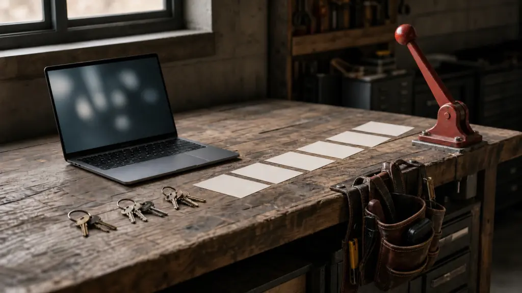 A long workshop bench holds a laptop, task cards, permission keys and a red rollback lever.