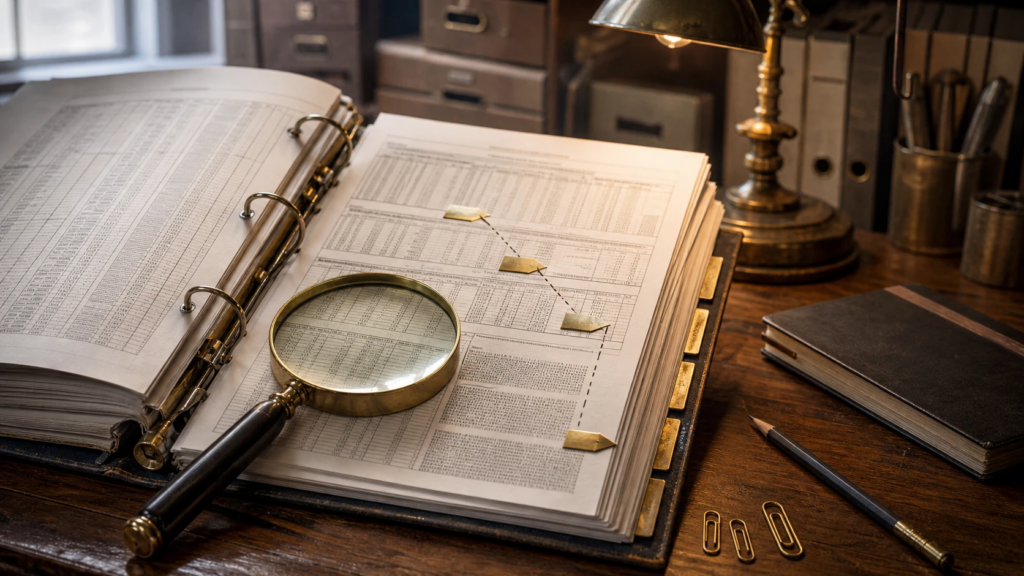 A magnifying glass and brass page tabs trace evidence through a dense financial binder.