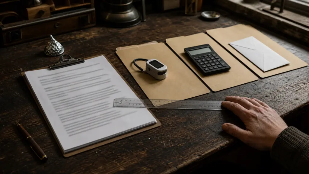 A transcript and three decision folders sit beside measuring tools on a worn workshop table.