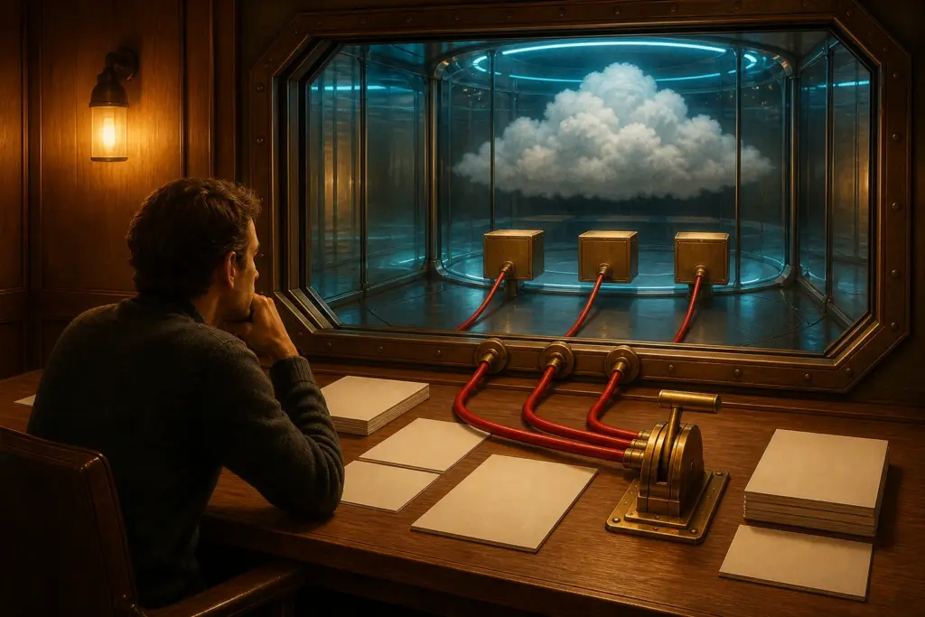 A stylised civilian auditor traces three red safety lines into controls outside a sealed cloud room, illustrating a call for independent inspection without depicting actual present access.