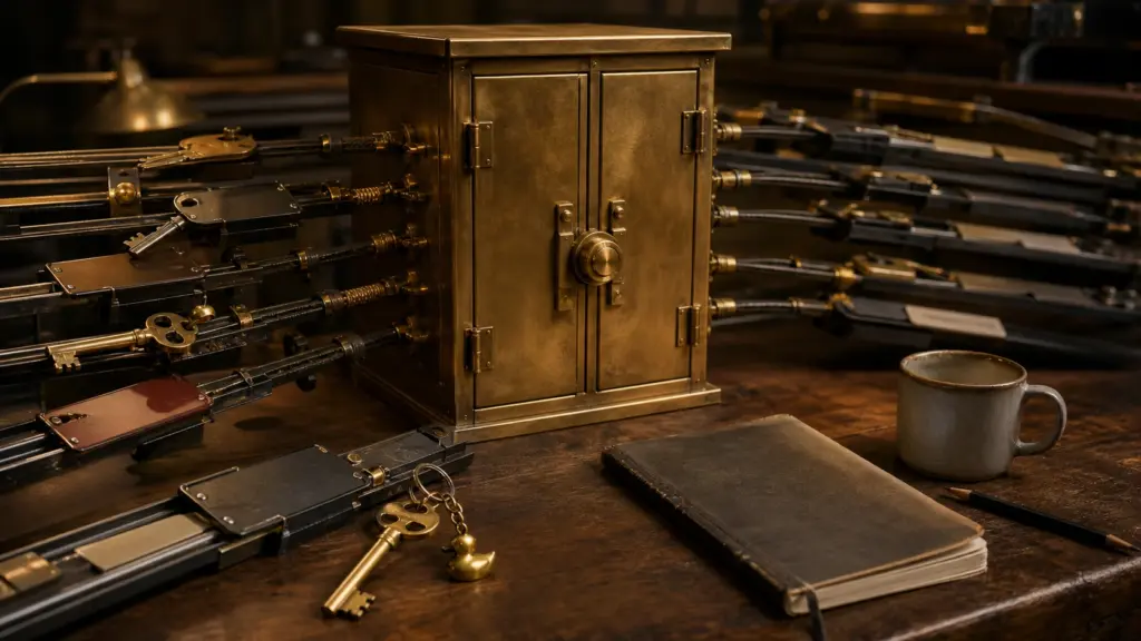 Several machine keys converge on one secure brass control cabinet in a workshop.