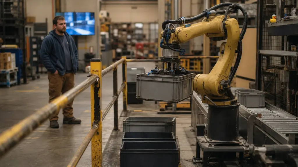 An industrial robot works inside a clearly bounded warehouse area while a demonstration screen is blurred in the distance.